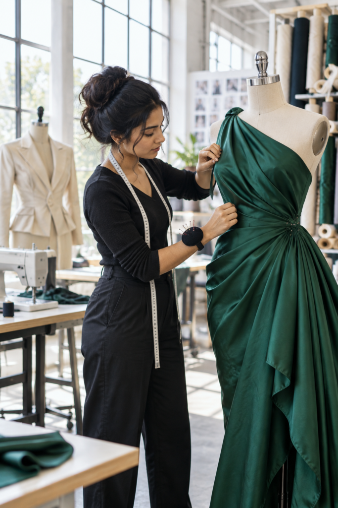 Faculty mentor guiding a student at the fashion designing institute